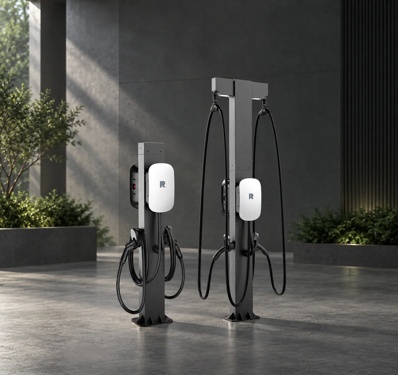 Compact AC chargers on single and dual pedestal mounts